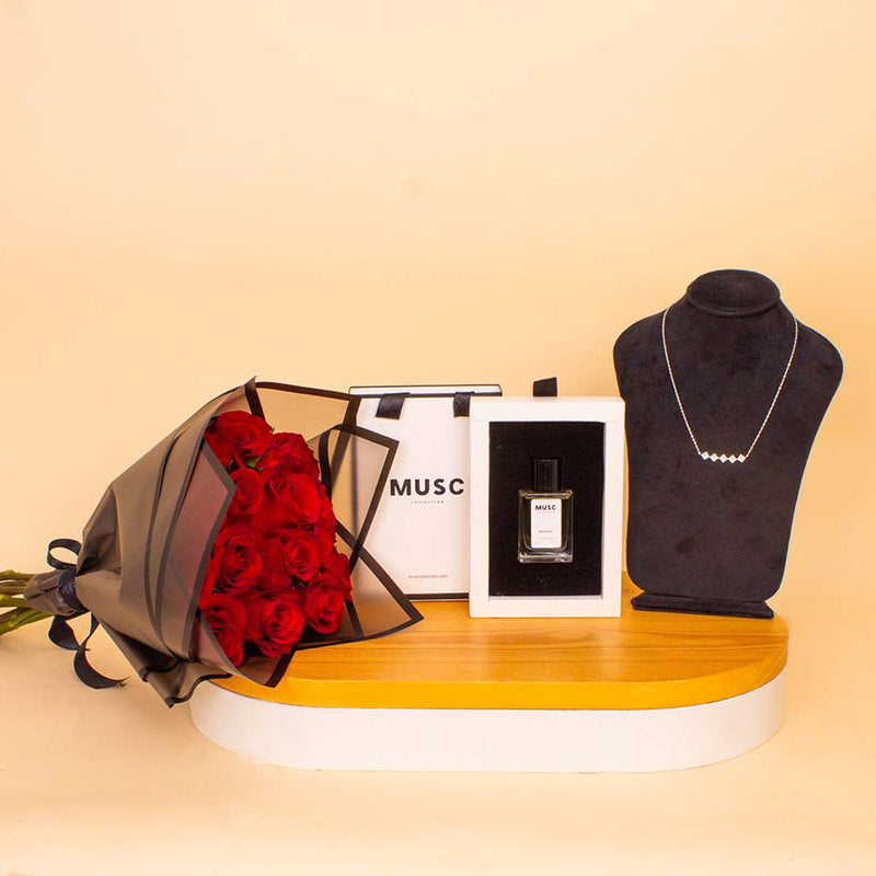 Signature Musc & Zircon Bundle - Perfume 30ml & Necklace & Red Roses Bouquet