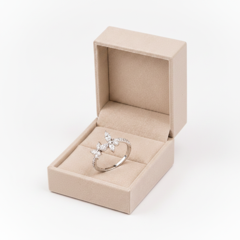 Butterfly Ring in Beige Velvet Box - White Background