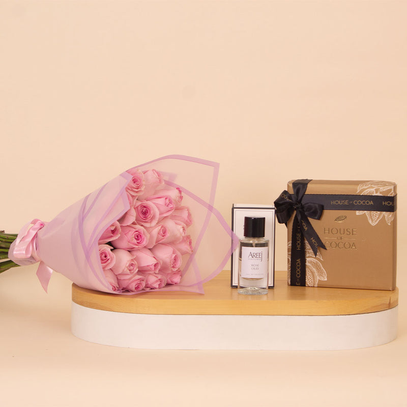 A Gift of Romance: Rose Oud, Chocolates & 15 Pink Roses
