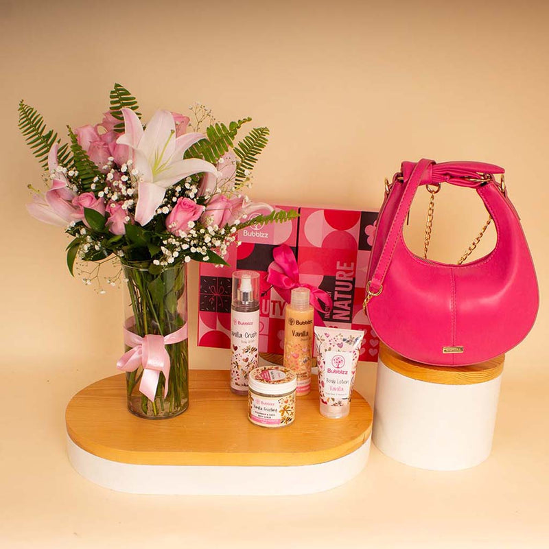 Fuchsia & Vanilla Bundle - Almaki Bag With Bubble Set and Lily Vase