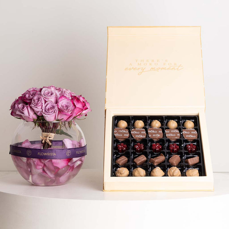 Moko Gold Collection Chocolates Box & Purple Roses Vase