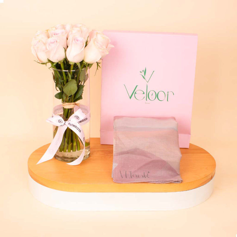 Veloor Jade Scarf & Pink Roses Vase