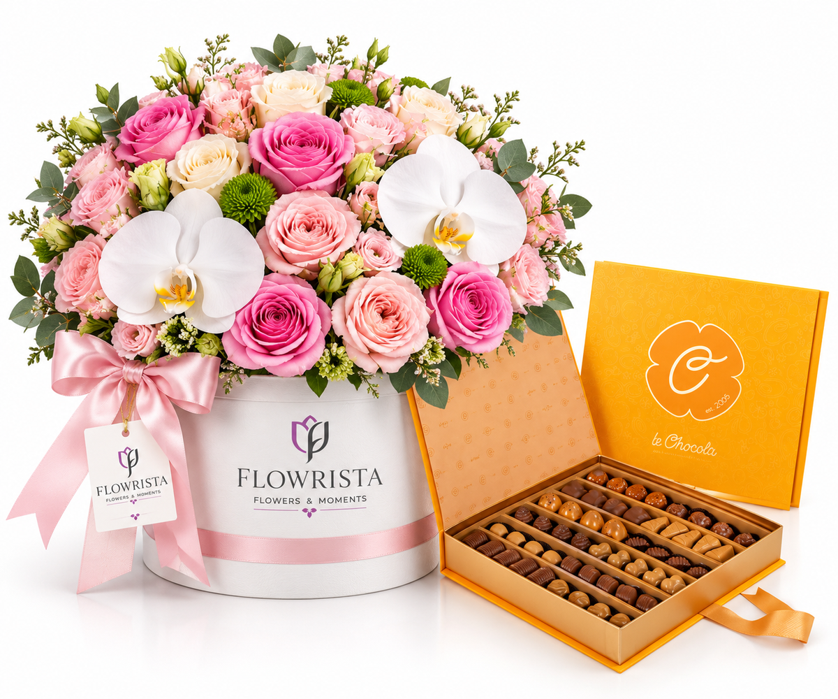 Le Chocolala Chocolate Box with Flowrista Pink Rose and Orchid Arrangement