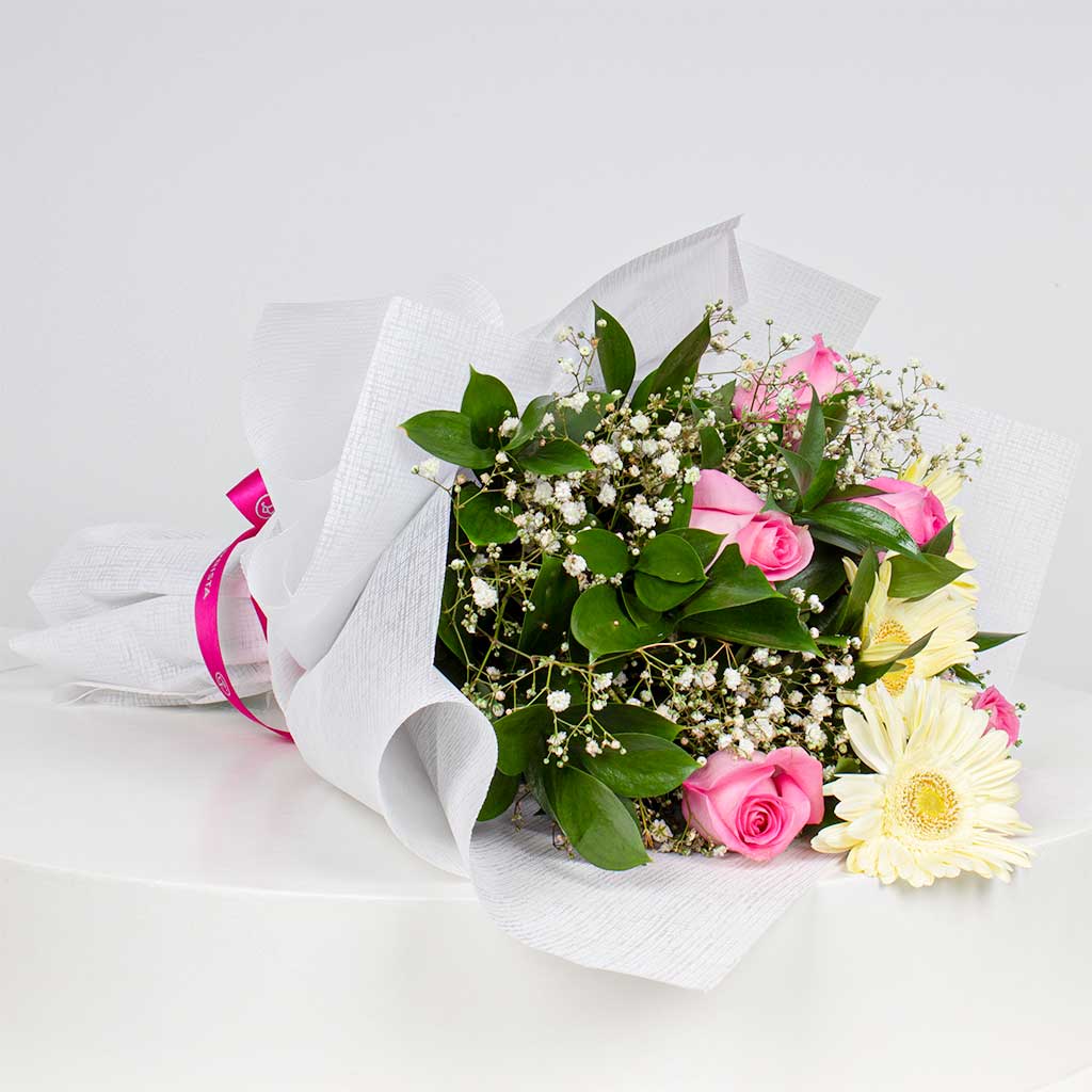 Whisper of Purity — White & Pink Roses Hand Bouquet