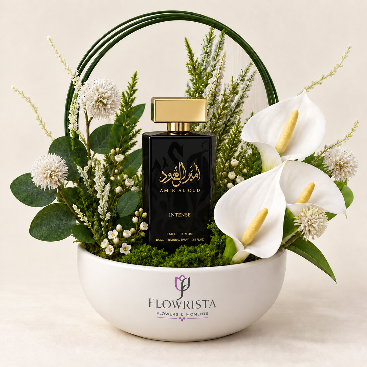 Amir Al Oud Black Intense 100ml with Artificial White Anthurium Arrangement