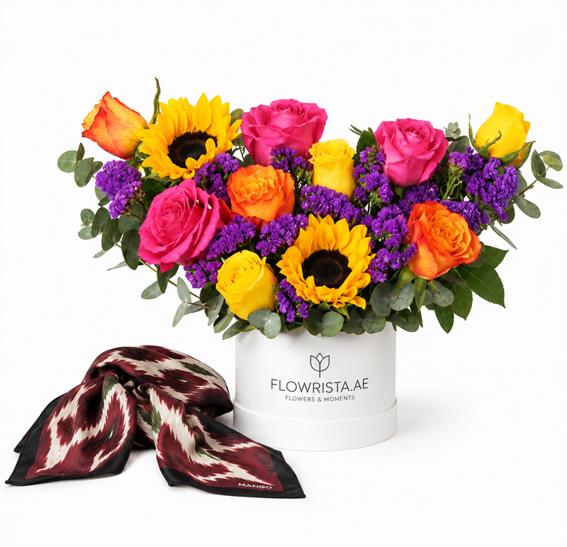 Mango Printed Pleated Scarf with Flowrista Petite Vibrant Hat Box