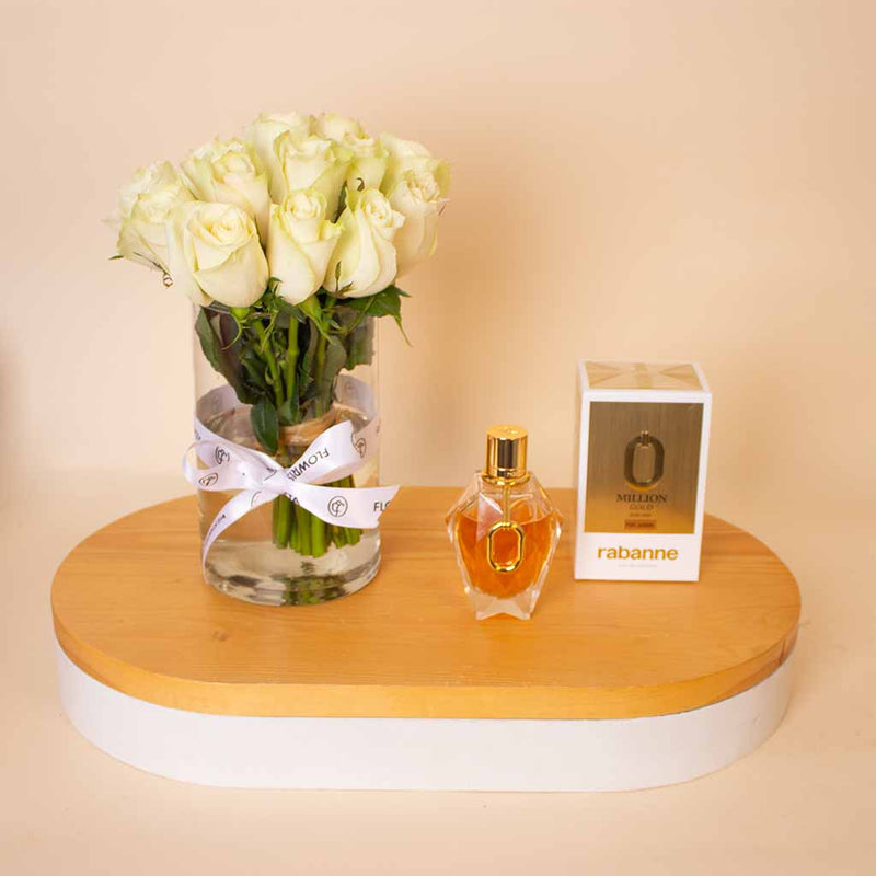 Paco Rabanne Million Gold Eau De Parfum For Women 90ml & White Roses Vase