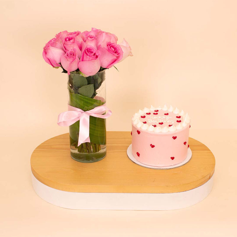 Ninos Heart-Dotted Birthday Cake & 15 Pink Roses Vase