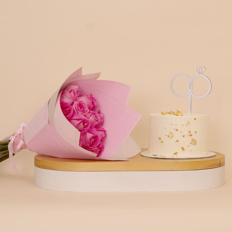 Ninos Golden Celebrations Cake & Pink Roses