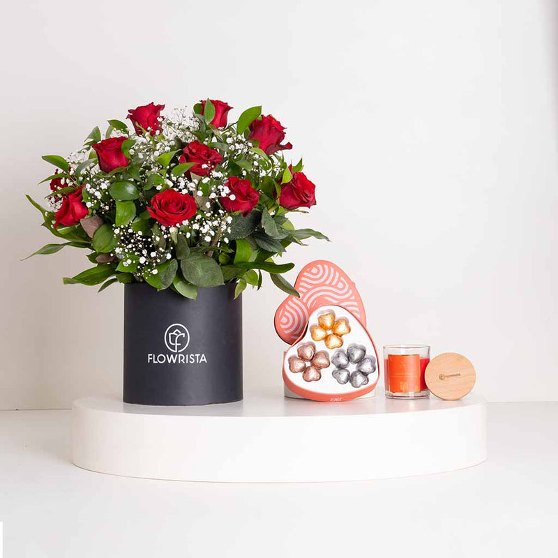 Patchi Tin Box 245g and Red Botanica Box and Flowrista Candle