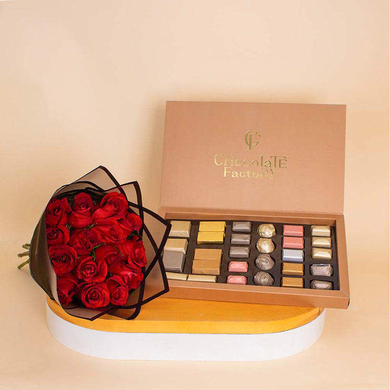 Chocolate Factory Luxe Box – 28 Pieces & Red Roses Boutque