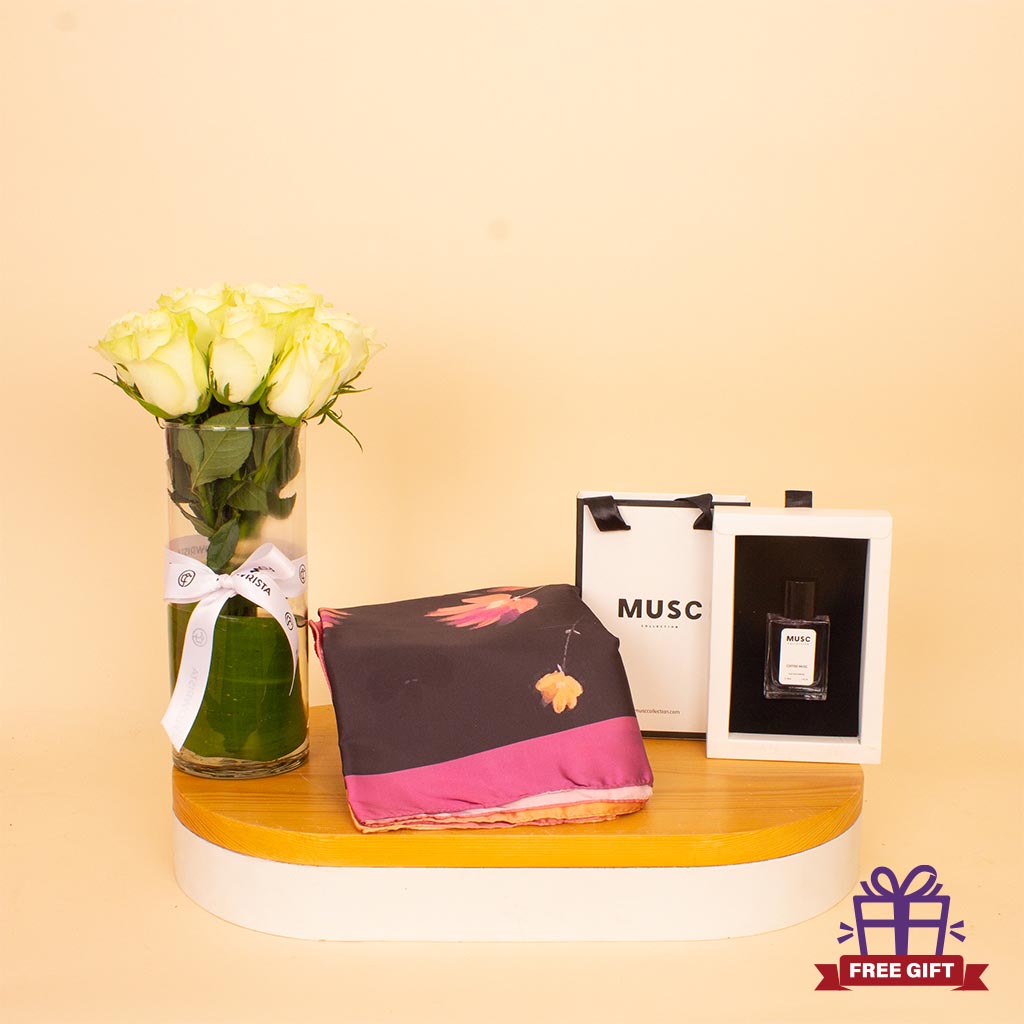 Veloor Layal Scarf & MUSC Coffee Musk with White Roses Vase