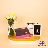 Veloor Layal Scarf & MUSC Coffee Musk with White Roses Vase
