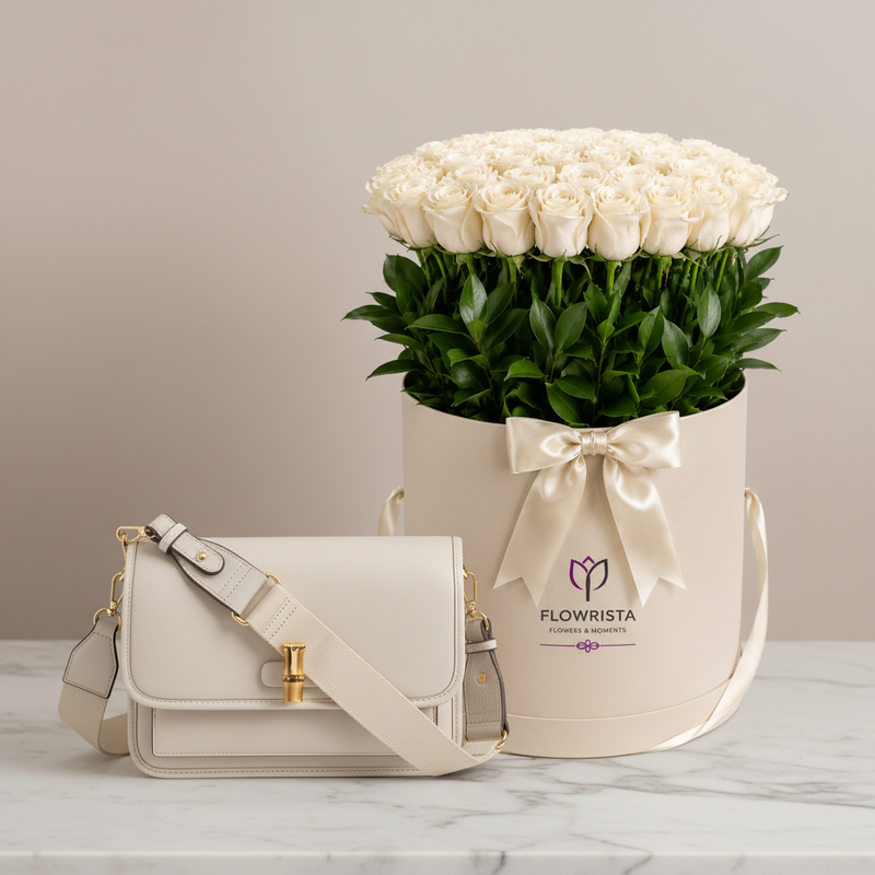 Camel Crossbody & White Roses – Editorial