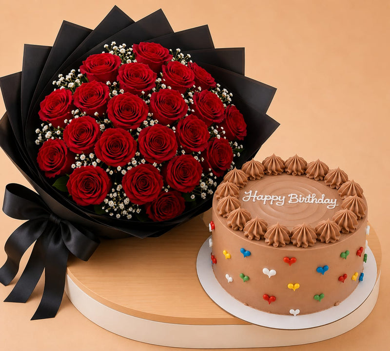 Mister Bakery Birthday Cake & Red Roses Bouquet