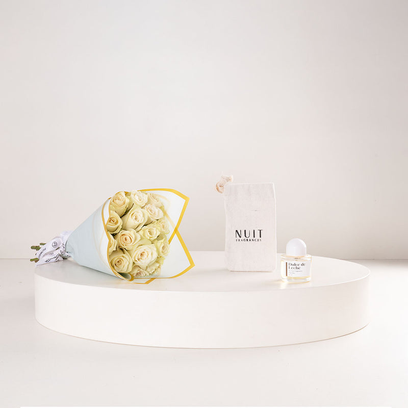 Nuit Dulce de Leche Perfume 50ml & White Roses Bouquet