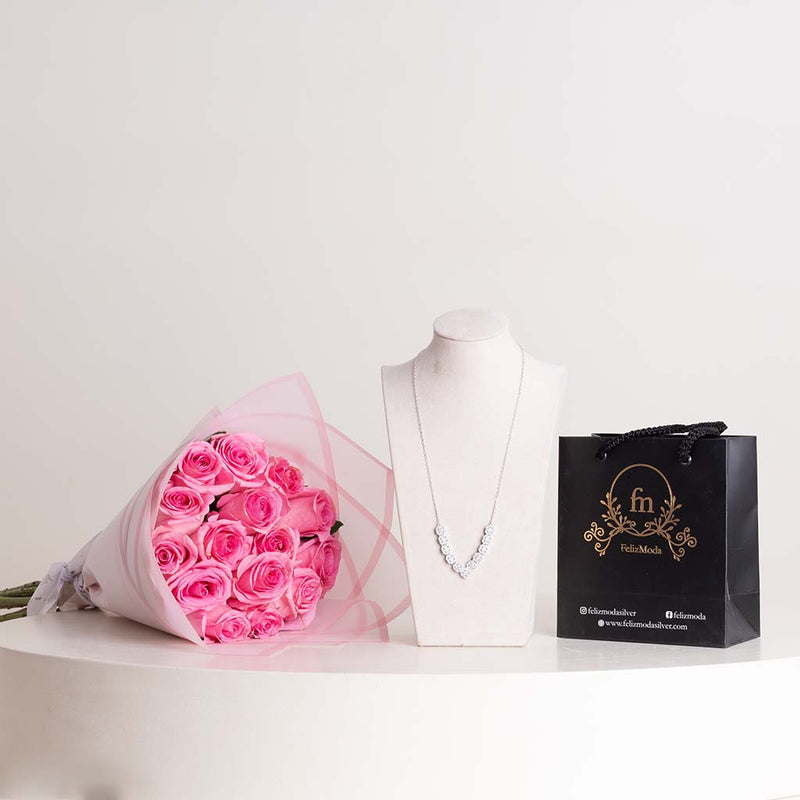 Felizmoda Silver Necklace & Pink Roses Bouquet