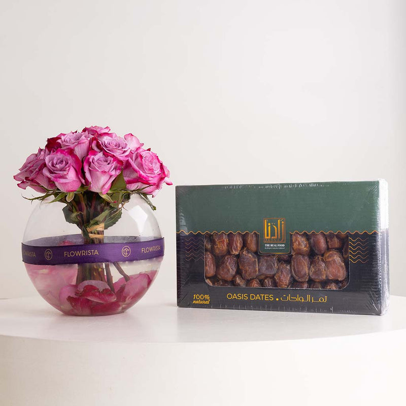 Zadna Premium Dates 1.5kg & Purple Roses Vase