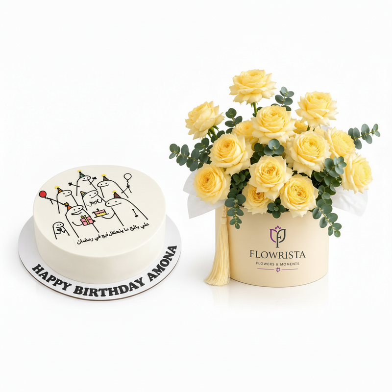 Cleaned Sugar Sweet cartoon cake and Flowrista yellow roses box