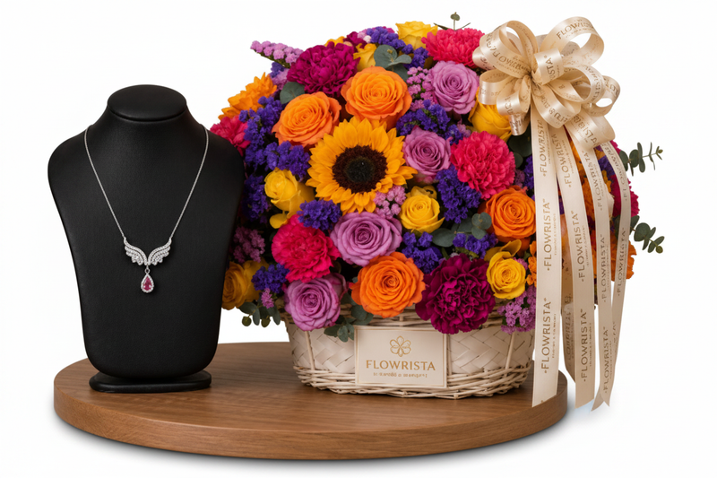 Colorful Flowrista Basket + Angel Wings Necklace - Full Scene