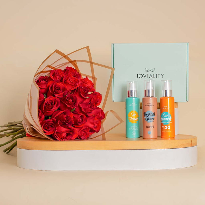 Joviality Sun Care Gift Box with Hand Bouquet of 20 Red Roses