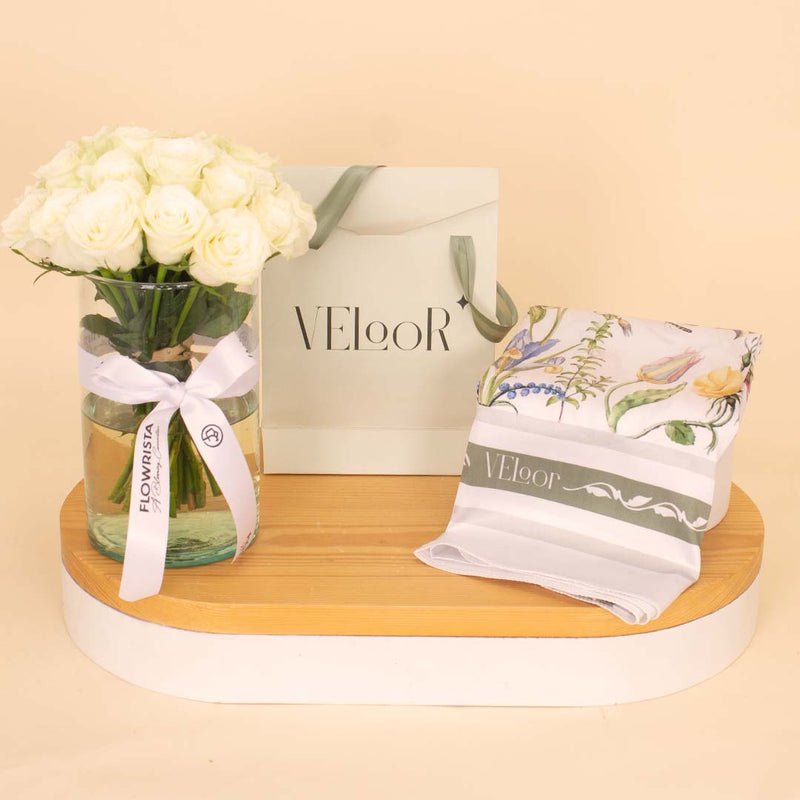 Flora Scarf with Vase of 20 Roses