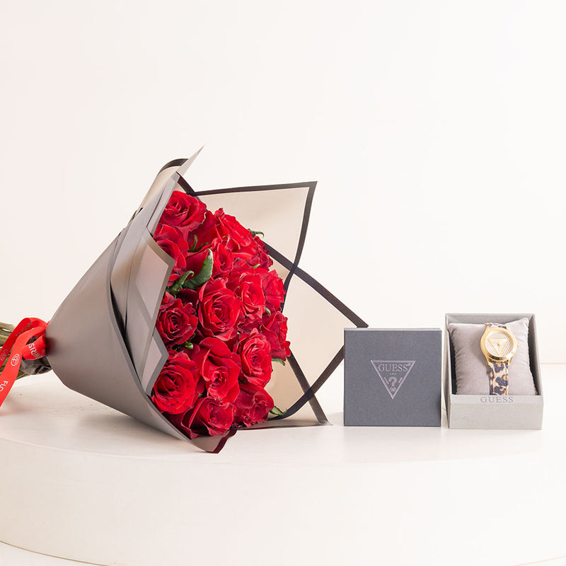 GUESS Ladies Leopard Gold Tone Analog Watch & Red Roses Bouquet