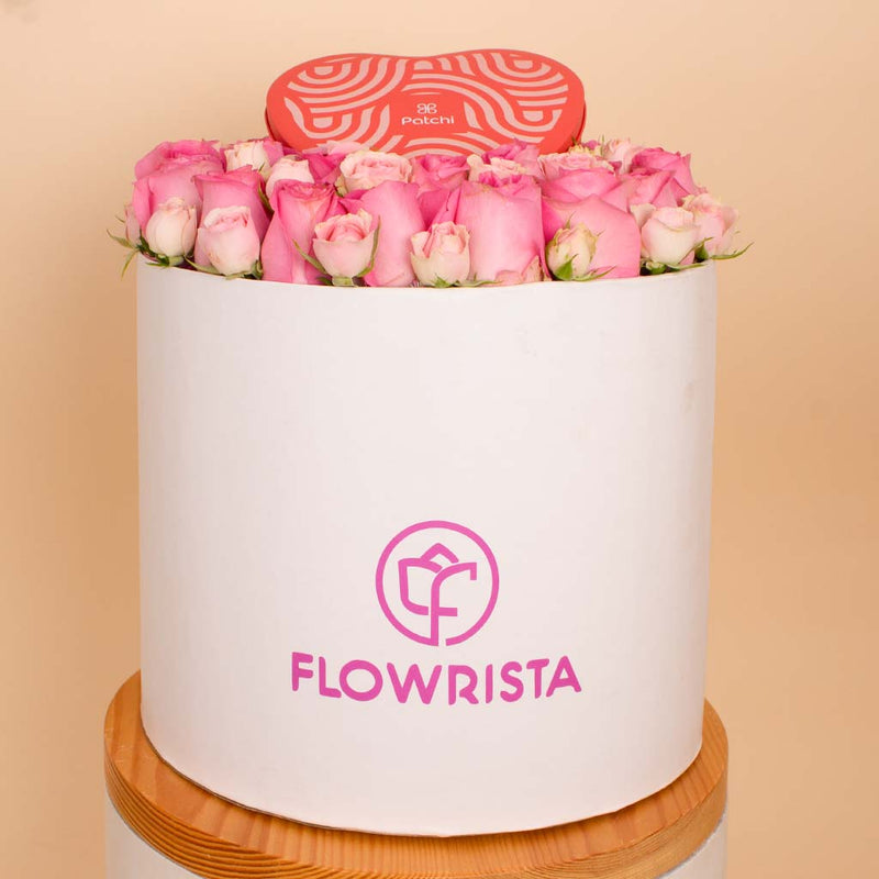 Blush Heart Bloom Box - Revival Roses & Patchi Heart Box 22 pcs