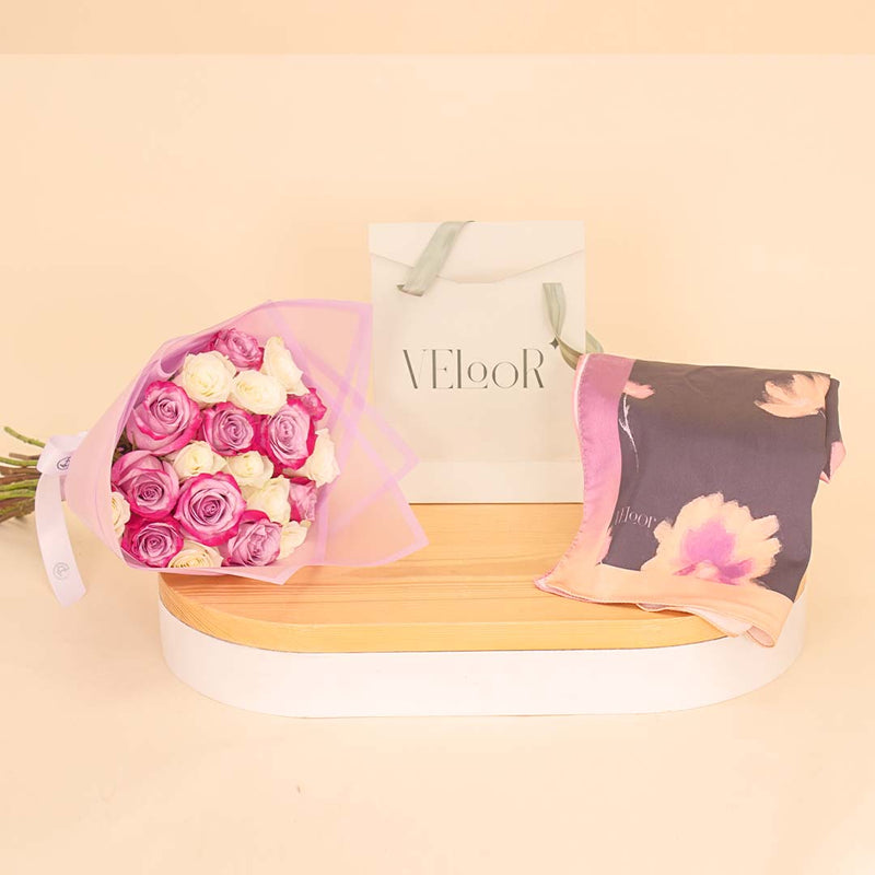 Veloor Layal Scarf | White and Purple Mixed Bouquet
