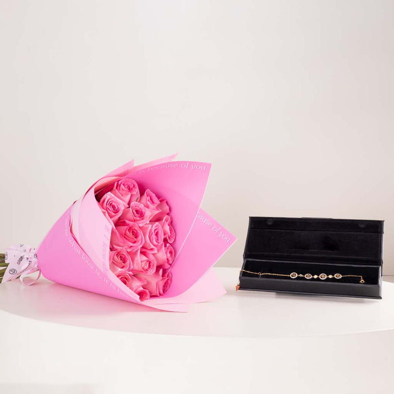 GUESS Life In Crystal Bracelet & Pink Roses Bouquet