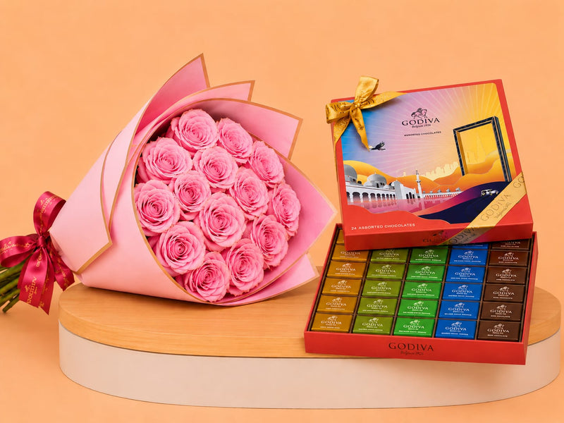 Godiva UAE Edition Gift Box & 15 Pink Roses Bouquet