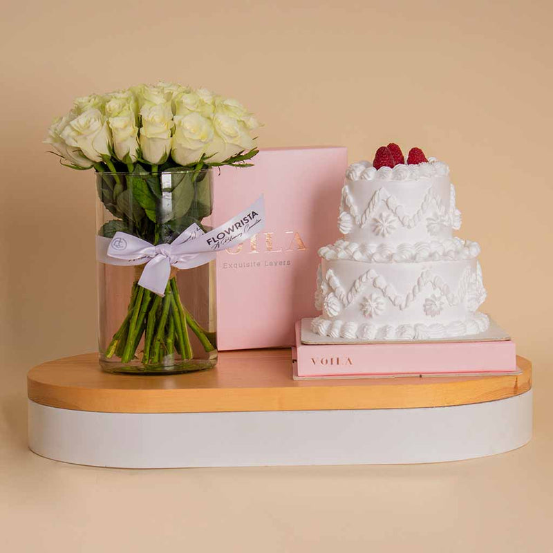 Voila Red Velvet Cake with Vase of 25 White Roses
