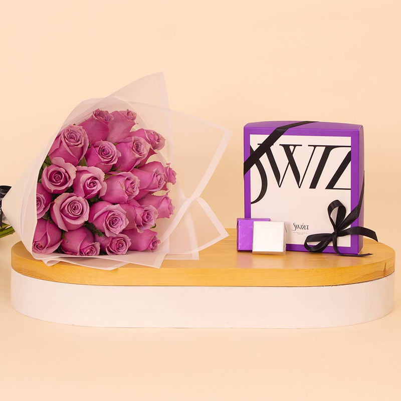 Swiza Chocolate Box (12 Pieces) & 20 Purple Roses