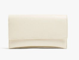 A cream-colored leather clutch wallet with a smooth texture, shown closed against a plain white background.