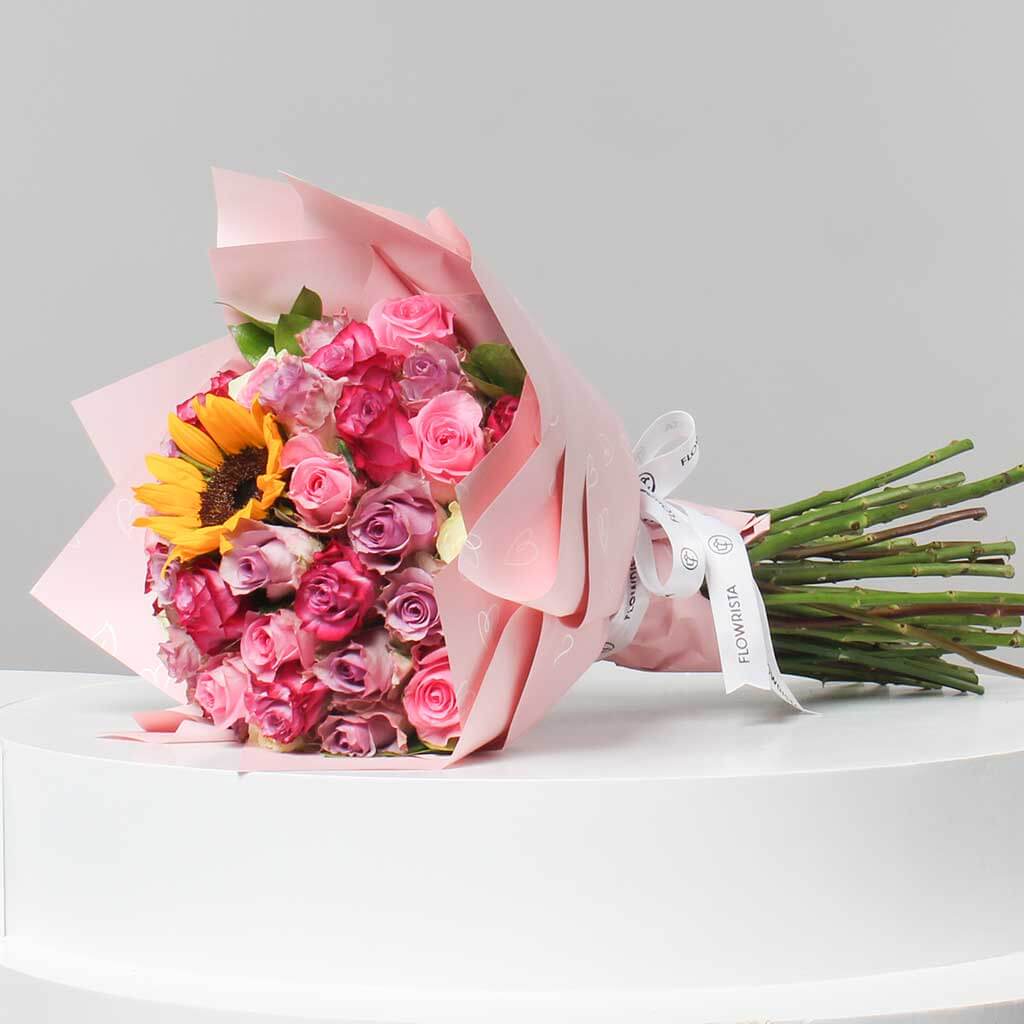 Mixed Roses & Sunflowers Hand Bouquet