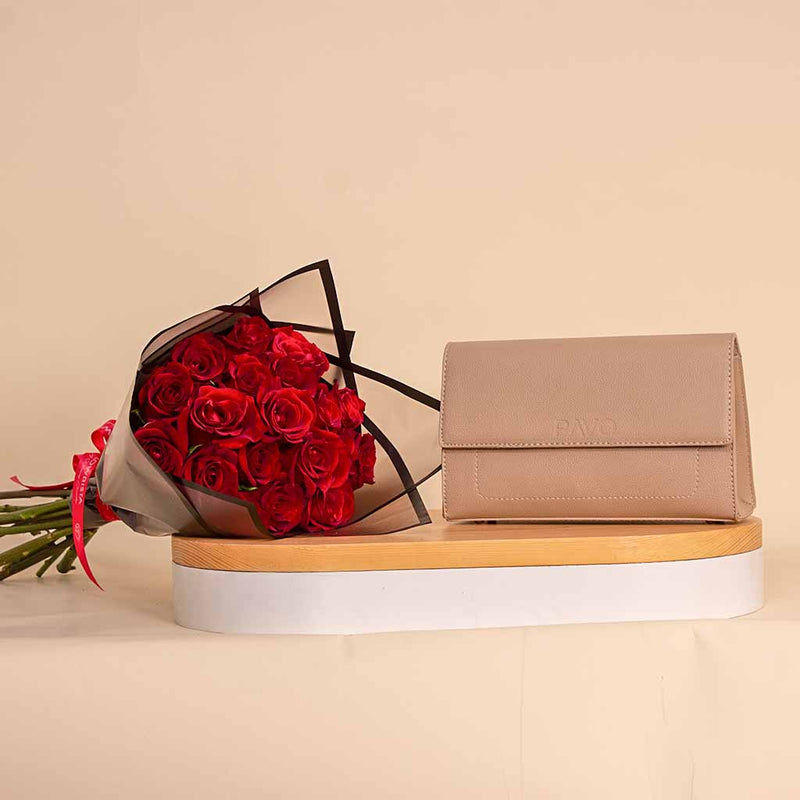 Pavo Beige Small Handbag with Hand Bouquet of 20 Red Roses