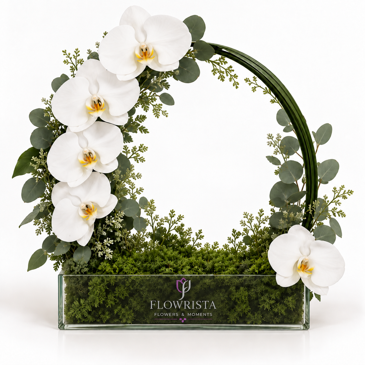 A floral arrangement in a rectangular glass planter by Flowrista, featuring white orchids, green eucalyptus, and moss inside a curved green wire frame, photographed on a white background.