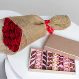 House of Cocoa Chocolate Box 32pieces and 20 red roses