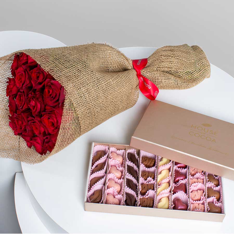 House of Cocoa Chocolate Box 32pieces and 20 red roses