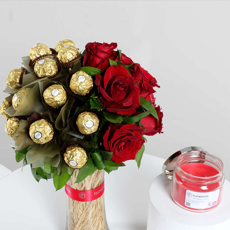Red Roses Vase with Ferrero Rocher & Zaha Home Candle