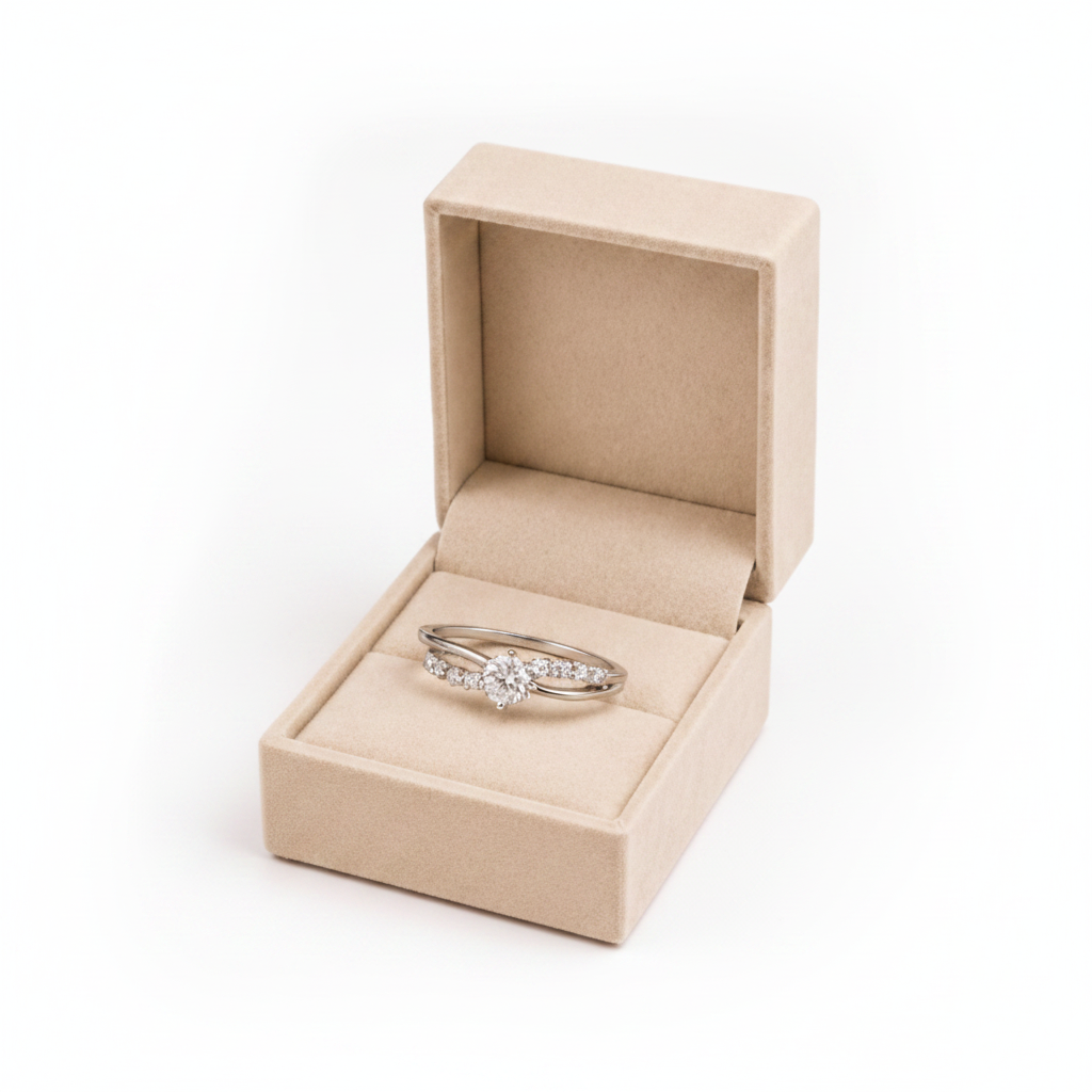 Diamond Ring Set in Beige Velvet Box - Clean White