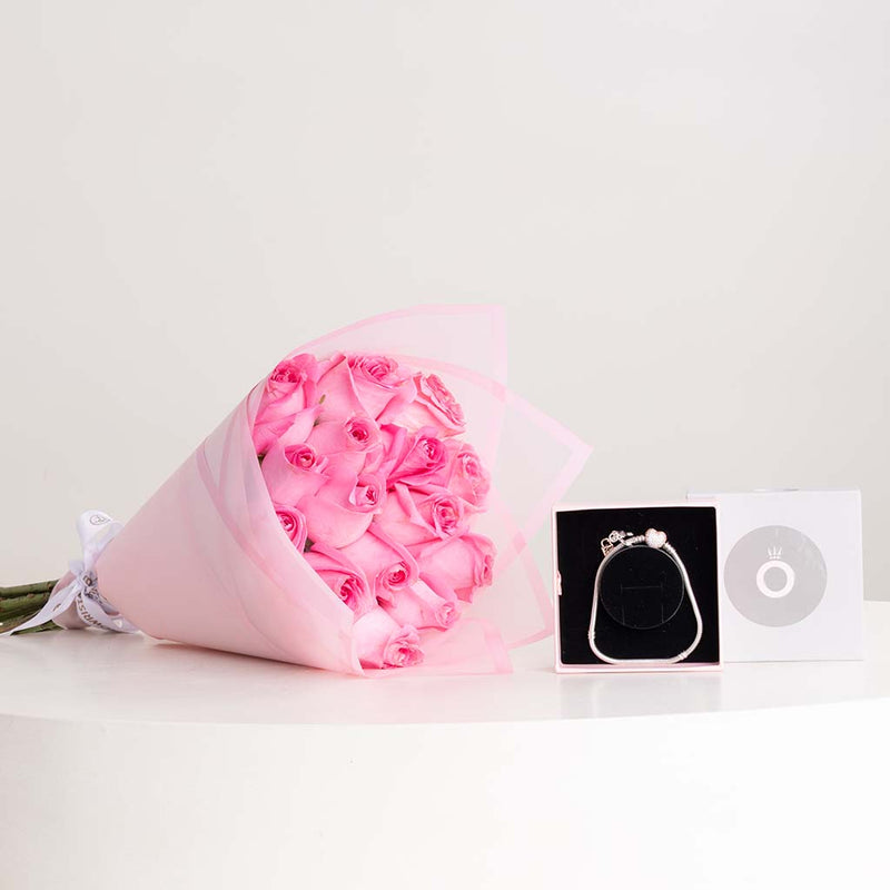 Pandora Heart Clasp Bracelet with Lock & Key Charm & Revival Roses Bouquet