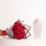Markiz Platinum-Plated Pink Zircon Necklace &Red Roses Bouquet