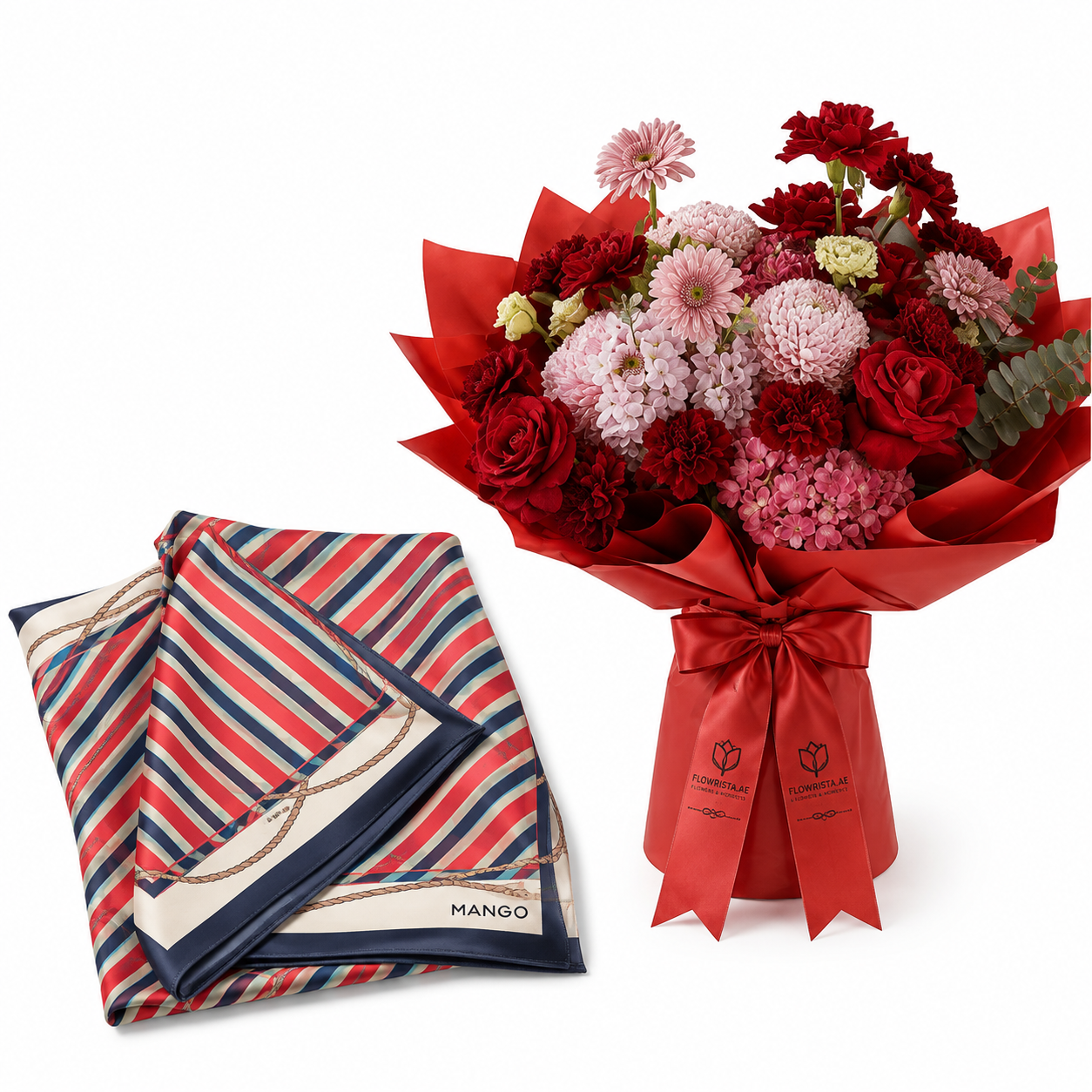 Mango Chain-Print Scarf with Flowrista Red Mixed Bouquet