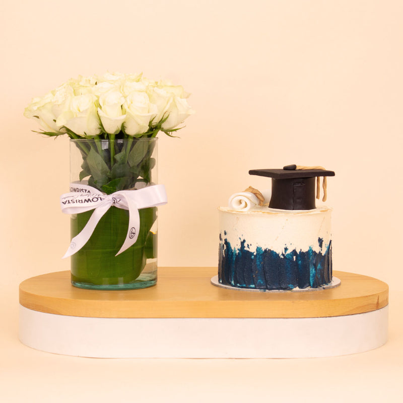 Ninos Graduation Celebration Cake & 15 White Roses Vase