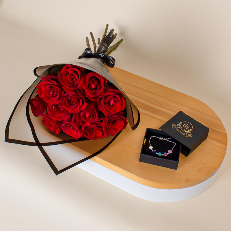Felizmoda Van Cleef Colorful Silver Bracelet & Red Rose
