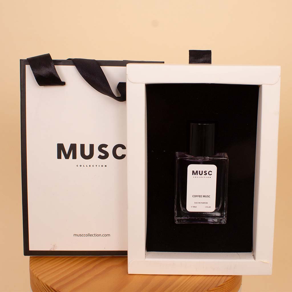 Veloor Layal Scarf & MUSC Coffee Musk with White Roses Vase