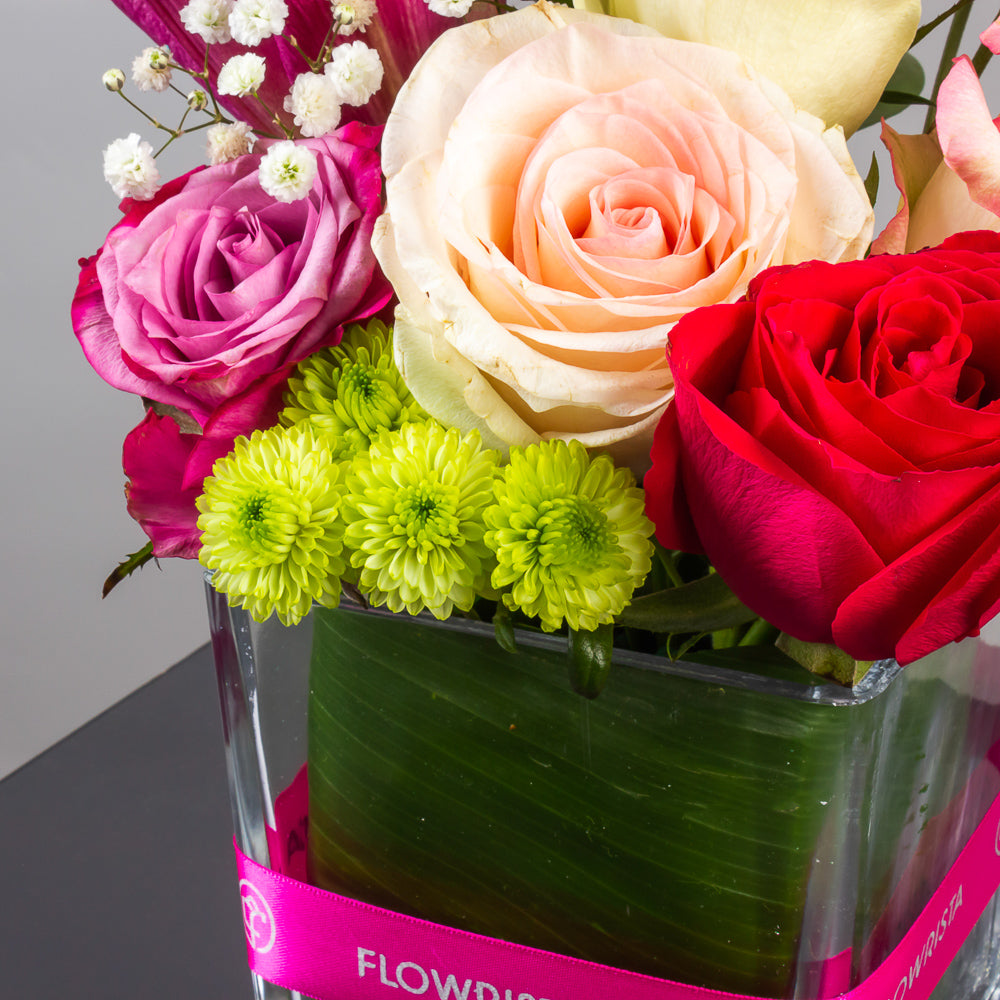 Mixed Flower Vase with Chrysanthemums, Lilies & Roses