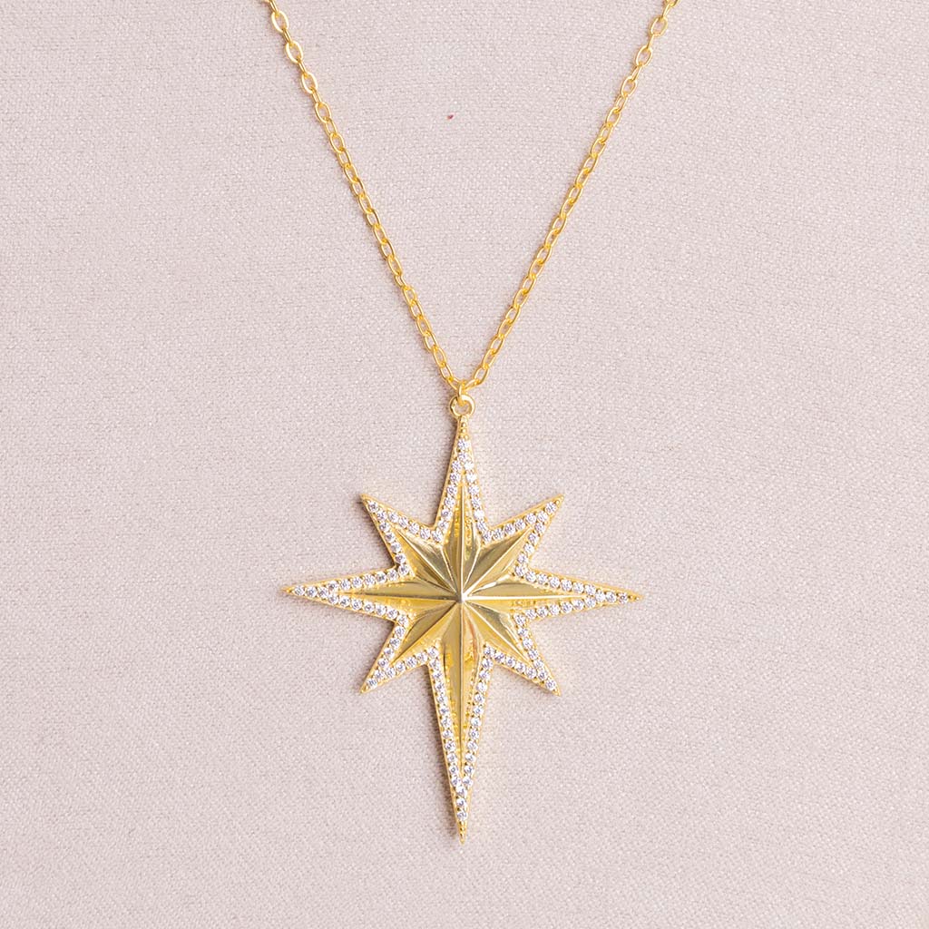Felizmoda Large North Star Silver Necklace Gold Plated| Bouquet Of Bright Colors
