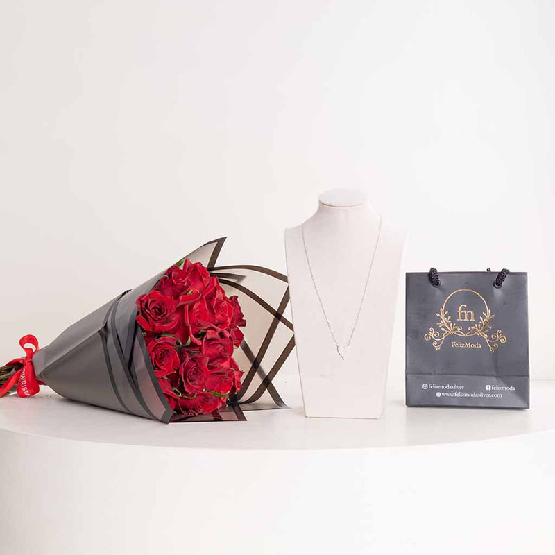 Felizmoda Silver Heart Pendant Necklace & Red Roses Bouquet
